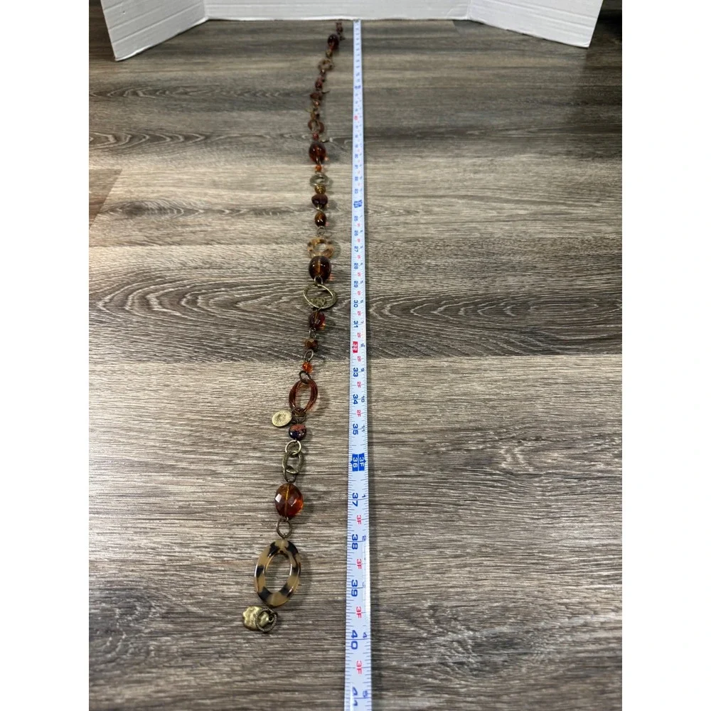 Long Beaded Station Necklace Amber Faux Tortoise Shell Brass Tone Boho 40